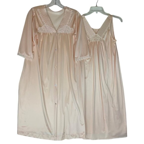 Vintage JCPenney Nightgown & Robe Set Size Small Peach Nylon Lace Trim USA - Picture 1 of 12